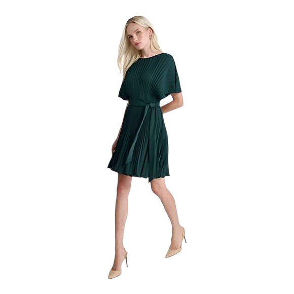 DKNY Women's Sunburst Pleated Fit & Flare Dress Dark Green Sizes 10,14 Authentic - Picture 2 of 4